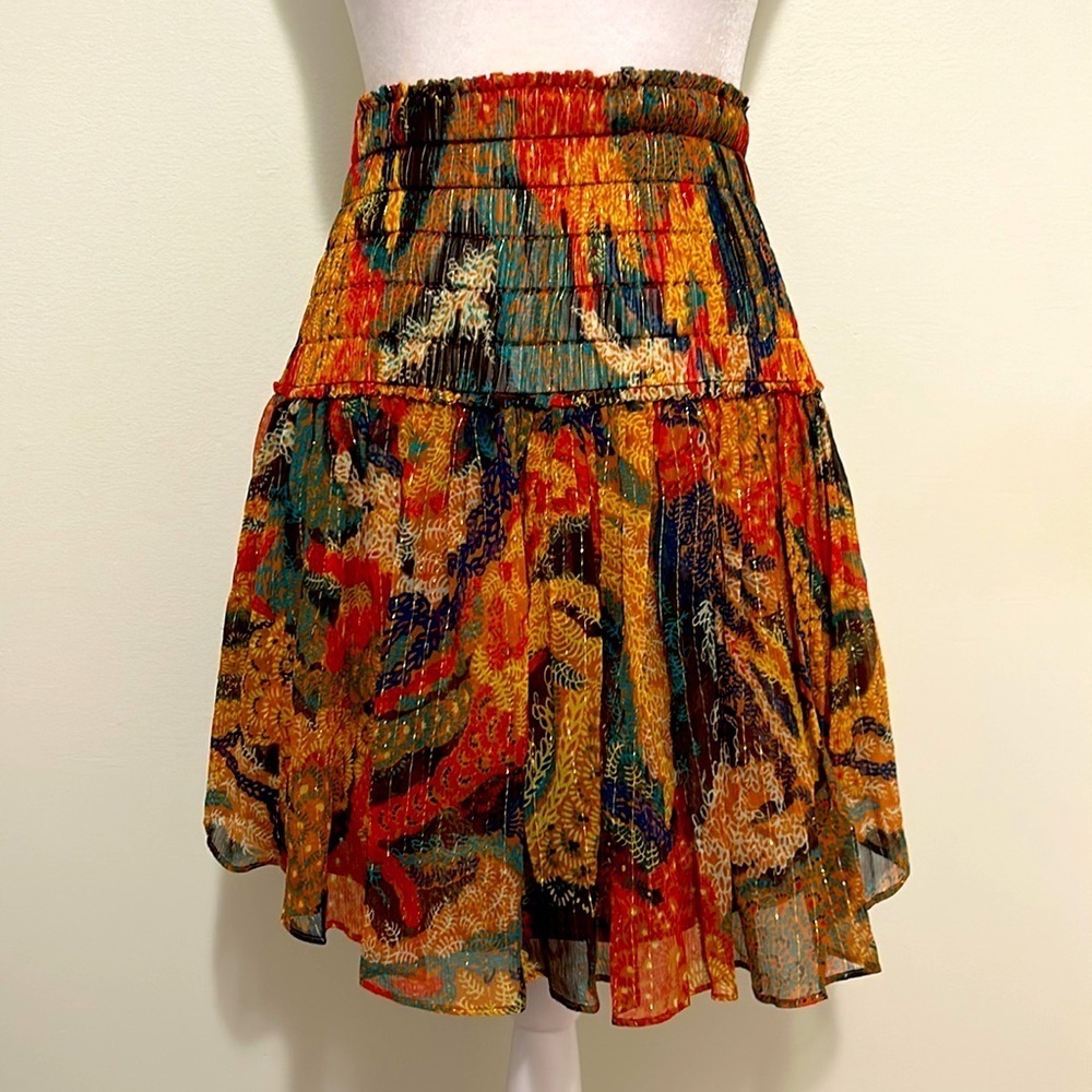 A.L.C. Luna Printed Elastic Waist Silk Mini Skirt Metallic Multi New Size 0 - Picture 3 of 9